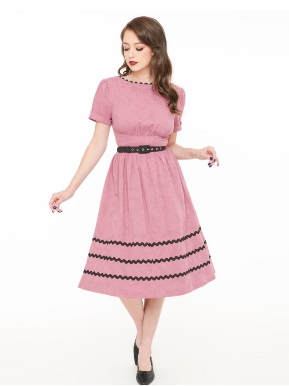 Unique Vintage Dusty Pink Midi Dress with Black Trim - Picture 3 of 5